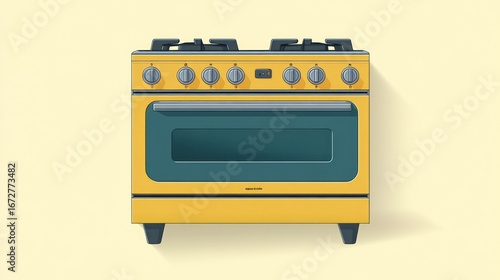 Yellow gas range with oven.  Modern kitchen appliance