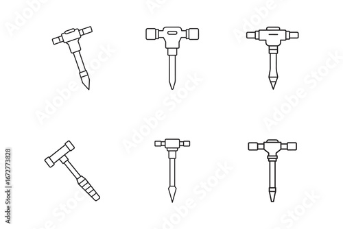 Collection of jackhammer icons presenting construction tools and industrial machinery with vector illustrations on a clean white background for design assets