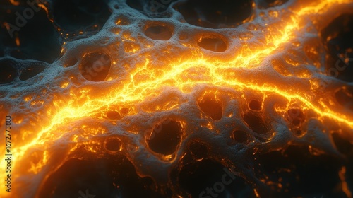 Glowing orange vein flows through a dark, porous, textured surface