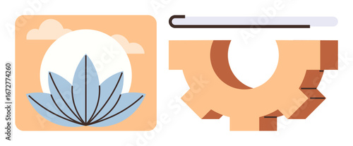 Lotus flower in gentle tones with a mechanical gear and rod embodying balance, connection, mindfulness, and transformation. Ideal for wellness, mechanics, innovation, harmony, nature technology