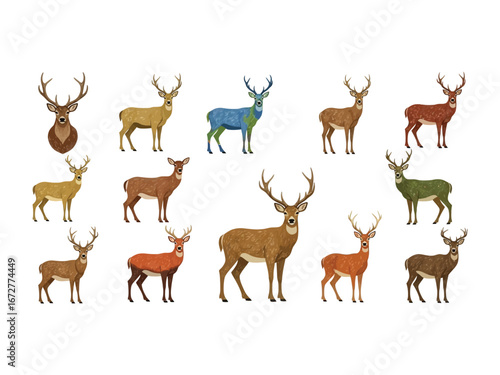 Colorful Deer Collection: An artful montage of a variety of deer, each rendered with distinct colorations and poses, creating an imaginative and visually appealing array. 