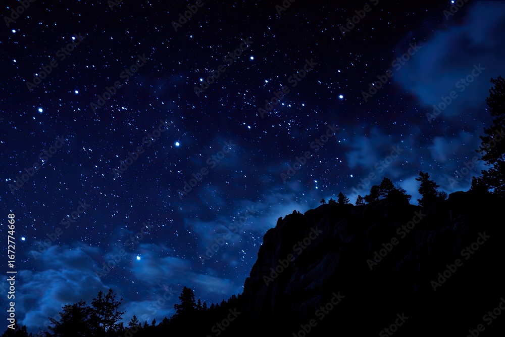 Fototapeta premium Starry night over a dark mountain silhouette
