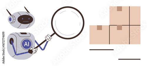 Robot labeled AI using magnifying glass to examine stacked boxes. Ideal for technology, logistics, automation, quality, analysis, supply chain, and efficiency concepts. Simple flat metaphor