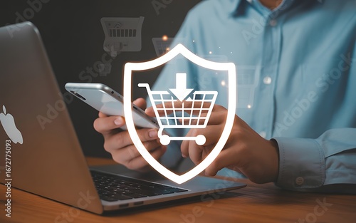 Man using a smartphone for secure online shopping with a protective shield icon over a shopping cart, symbolizing e-commerce safety, data privacy, and buyer protection insurance