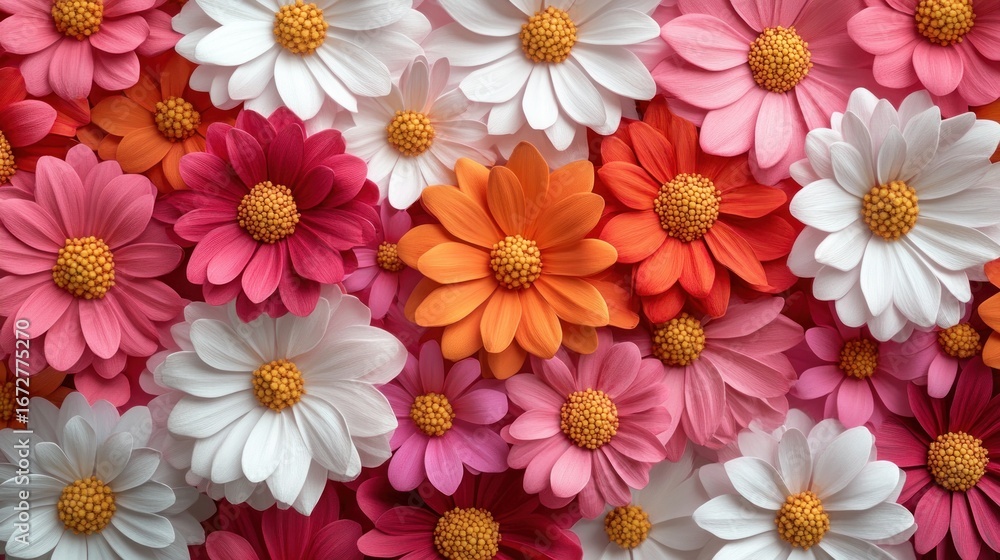 Fototapeta premium Colorful paper daisies in various shades of pink, orange, and white create a vibrant floral arrangement