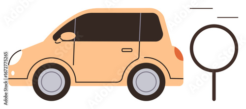 Orange compact car alongside magnifying glass implying inspection, analysis, or discovery. Ideal for automotive analysis, safety checks, car buying, search, research exploration travel. Simple flat