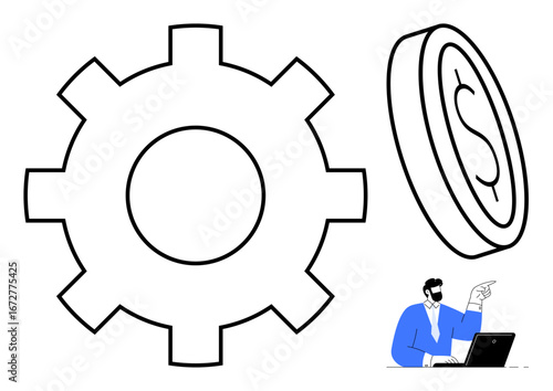 Large gear and coin symbolizing financial and process efficiency, with a professional at a laptop highlighting strategy. Ideal for innovation, teamwork, finance, process management, optimization
