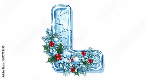 Alphabet letters in the christmas theme christmas vector ice letter l winter christmas alphabet font typography design with holly berries and pine tree branch decor