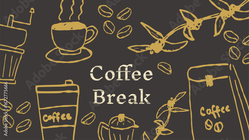 Hand-drawn coffee break illustration on dark background with coffee beans, cups, moka pot, and packaging. Perfect for café branding, poster design, flyers, and social media promotion.