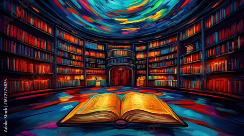 A vibrant, circular library filled with books, illuminated with a magical glow, and featuring an open book at its center