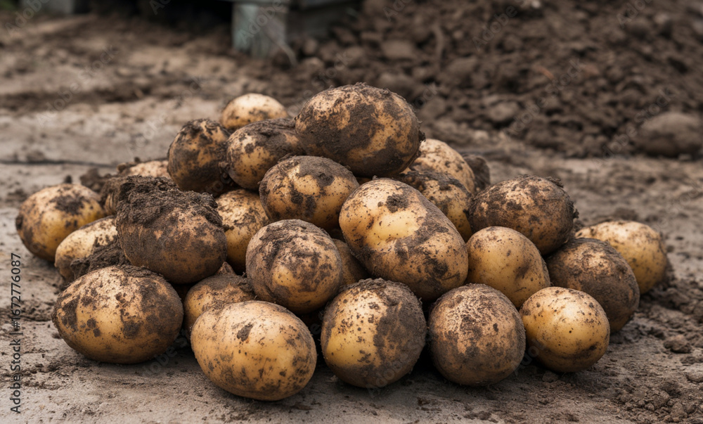 Dirty fresh potatoes on the dirt ground Dirty fresh potatoes on the dirt ground
