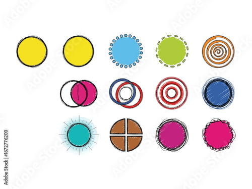 Geometric Shapes: A collection of diverse and colorful geometric circle designs, perfect for graphic resources. These vibrant elements add a touch of creative flair to your visual projects.