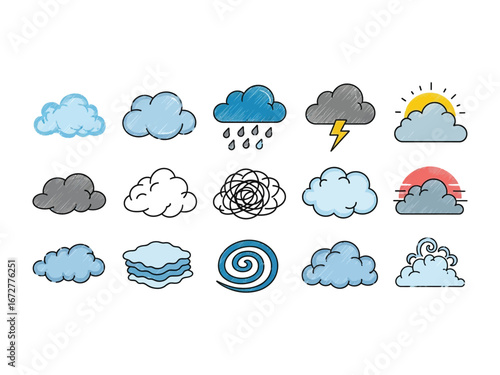 Various Cloud Illustrations: a variety of illustrated clouds depict different weather conditions.