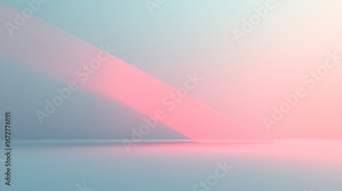 Pastel pink and blue gradient fills a minimalist room.  Light beam effect