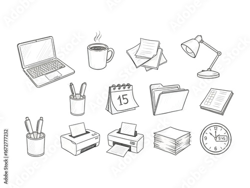 Office Essentials: A meticulously crafted illustration showcases a curated selection of essential office items, designed to inspire and elevate productivity in any workspace.