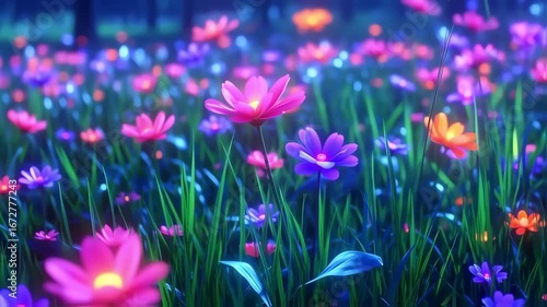 A field of vibrant flowers in a magical, dreamlike setting, creating a mesmerizing display of color