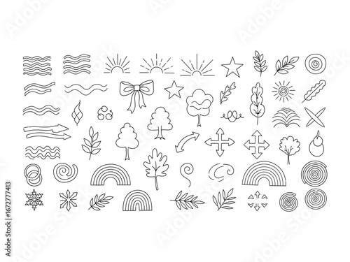 Hand-drawn decorative elements: A collection of stylish, black-and-white vector design elements is presented on a pristine surface, ready for use in graphic design and artistic creations. 