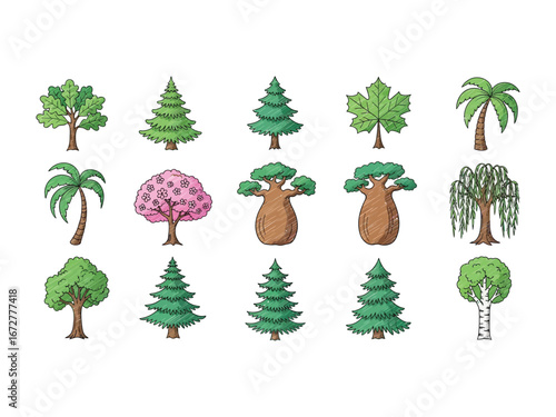 Diverse Tree Collection: A vibrant collection of various trees, meticulously illustrated to showcase the beauty and diversity of the arboreal world. Each tree, rendered in a unique style.
