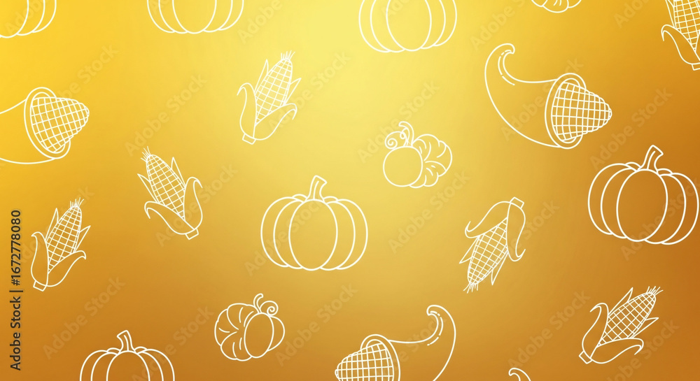 Thanksgiving Autumn Harvest Cornucopia Pumpkin and Corn Pattern on Golden Background Thanksgiving Autumn Harvest Cornucopia Pumpkin and Corn Pattern on Golden Background