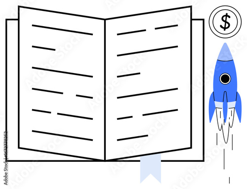 Open book with a blue rocket launching next to a dollar coin. Ideal for education, innovation, startup, financial growth, success, learning, and entrepreneurship concepts. Simple flat metaphor