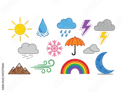 Weather Icon Set: A vibrant collection of weather icons, each depicting unique weather elements like sunshine, rain, clouds, snow, and rainbows, capturing the diversity of atmospheric phenomena.
