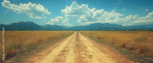 Dirt road leads to distant mountains under a bright summer sky