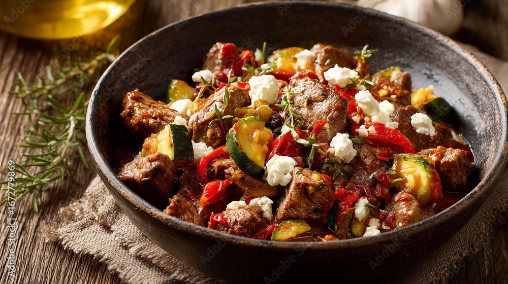 Mediterranean beef stew with zucchini, bell pepper, tomato and feta cheese in rustic bowl close up Mediterranean beef stew with zucchini, bell pepper, tomato and feta cheese in rustic bowl close up