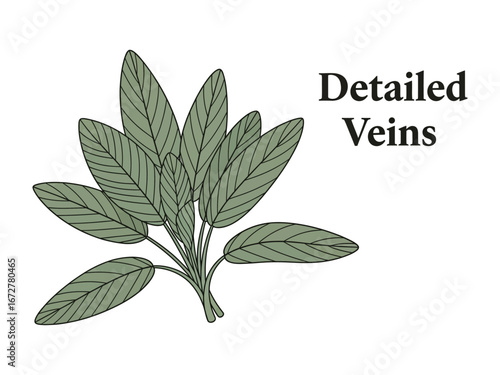 Sage Illustration: A detailed illustration of a vibrant sage plant, featuring intricately drawn veins, highlighting the beauty of nature. 