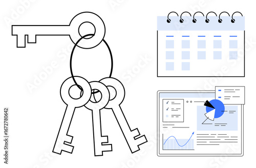 Keys on a ring alongside a calendar and analytics dashboard. Ideal for security, access management, planning, productivity, organization, scheduling, and a simple landing page
