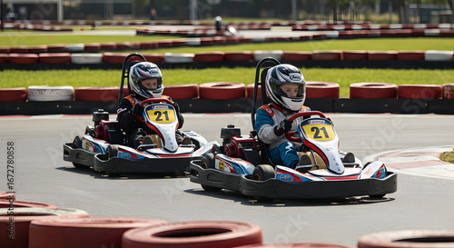 Excited boy and girl racing colorful go-karts on track