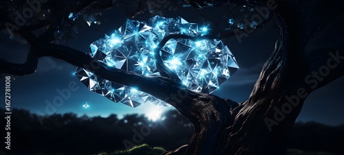 The black background contrasts sharply with the bright blue diamonds light emitted by tree ,generative AI