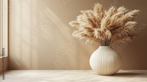 Pampas grass in a modern vase, sunlit room