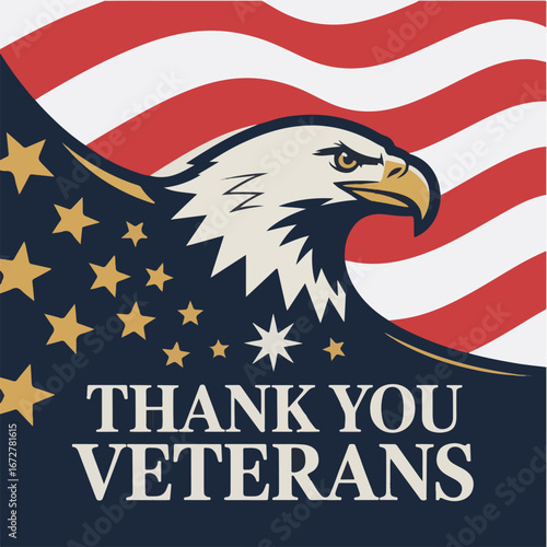 Flat Vector Illustration of “Thank You Veterans” Typography with Stars, Stripes, and Bald Eagle in Patriotic Style