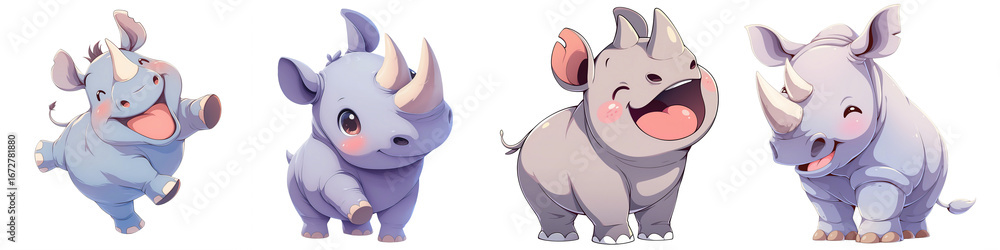 Naklejka premium Illustration Set of Adorable Cartoon Baby Rhinos Expressing Joy and Playfulness in Various Poses