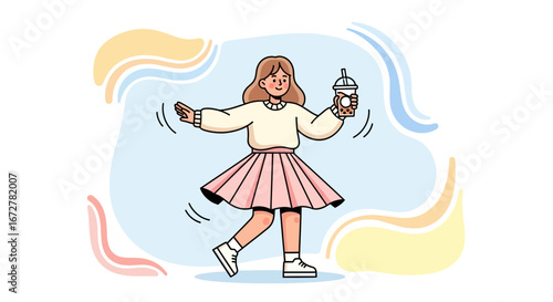 Cheerful Girl Dancing with Bubble Tea: A Delightful and Lively Illustration