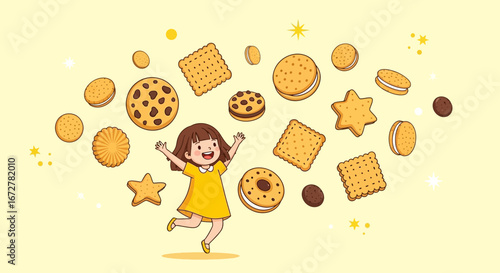 Cheerful Girl Delighted Around Assortment Of Cookies, A Sweet Treat Dessert Concept