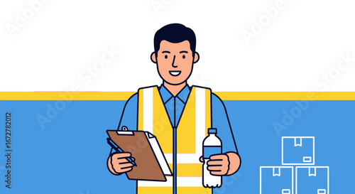 Warehouse Worker Holding Clipboard and Water Bottle Preparing Logistics for Next Shipment