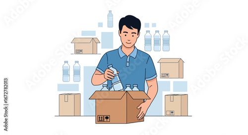Warehouse Employee Packaged Bottled Water Products For Delivery And Commerce