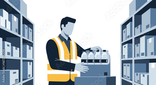 Warehouse Worker Organizing Bottled Beverages Within The Distribution Center Setting