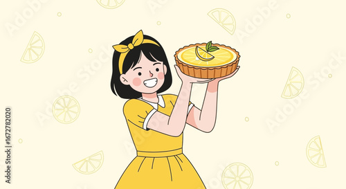 Cheerful Girl Displays Lemon Dessert Creation Against Whimsical Background for Culinary Delight