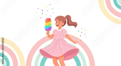 Cheerful Girl Enjoying A Colorful Ice Cream Amidst A Pastel Rainbow Scene