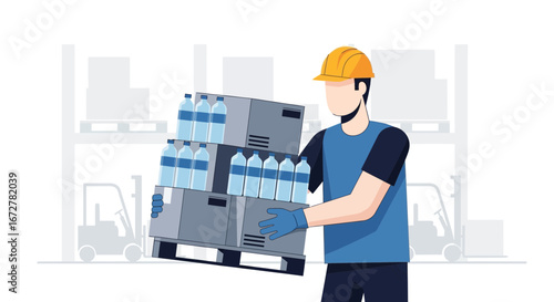 Warehouse Worker Transporting Bottled Water, Efficiently Loading Palletized Goods Within a Facility