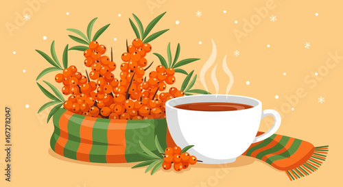 Warm And Cozy Arrangement Depicting Sea Buckthorn, Steam, And Winter Season's Comfort