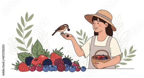 Cheerful Girl Feeds Bird Fresh Berries, Harvesting Season, Enjoying Healthy Food