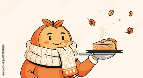 Warm Autumn Character Proudly Presents Freshly Baked Apple Pie with Colorful Leaves