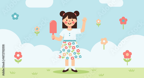Cheerful Girl Holding Ice Cream Smiling And Waving In A Garden With Flowers