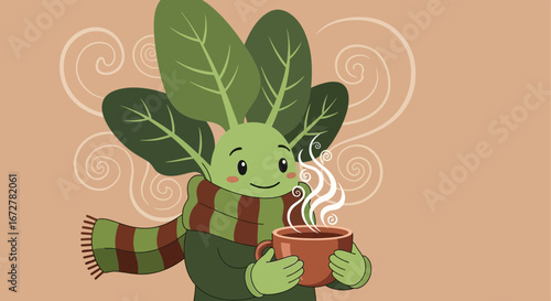 Warm And Cozy Character Delightfully Enjoying a Drink Amidst Whimsical Swirls