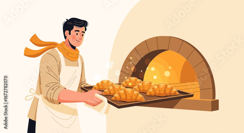 Warm Baker Delivers Freshly Baked Croissants From The Oven Illustration
