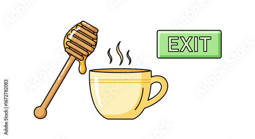 Warm Beverage Escape: Honey-Sweetened Drink and Exit Sign for a Cozy Break