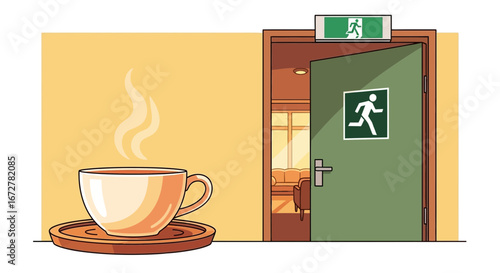 Warm Beverage Next To A Gateway, An Emergency Exit in a Modern Environment